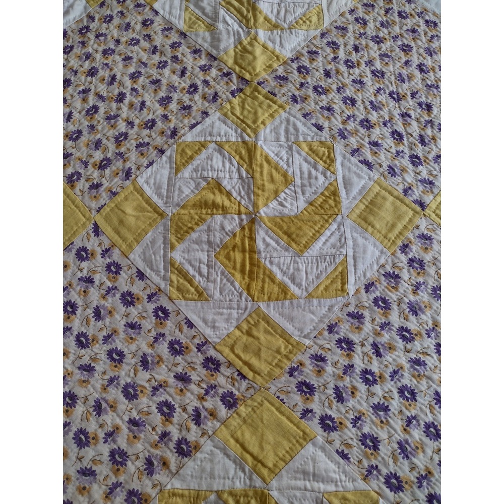 Vtg 30s WINDMILL QUILT Purple Yellow Floral Calico Scalloped Border Hand Quilted - Picture 3 of 10